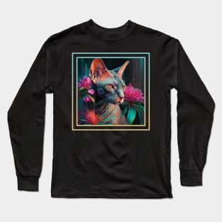 Seeking Sphynx Cat Vibrant Tropical Flower Digital Oil Painting Portrait Long Sleeve T-Shirt